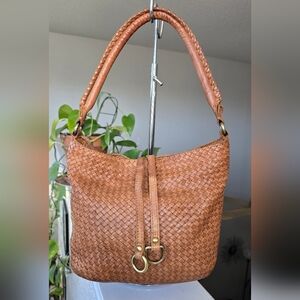 India Tan Woven Leather Hobo Slouchy Shoulder Bag